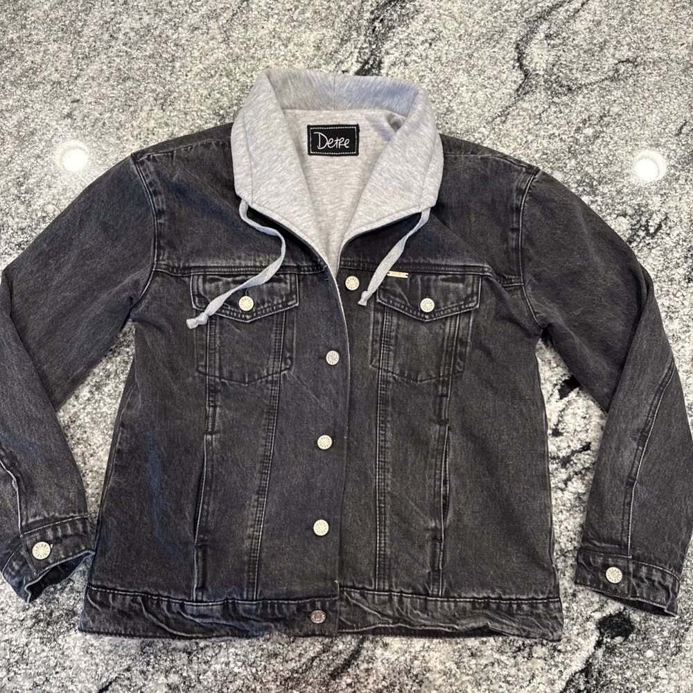 Womens Detre Heavy‎ Black Denim Sweatshirt Jacket Size S With Collar Draw String